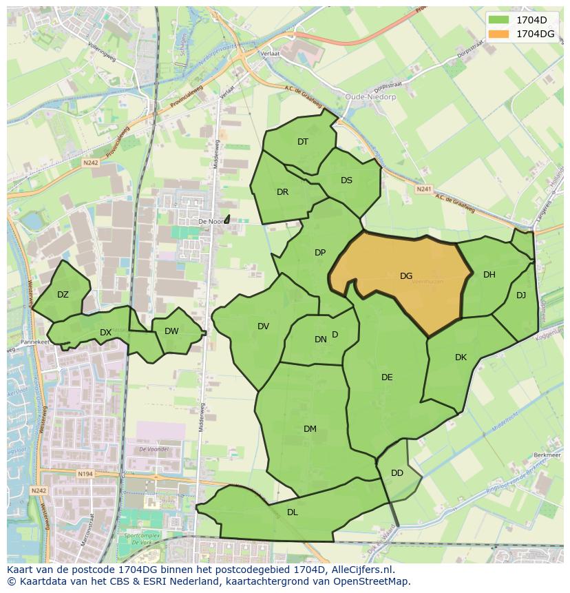 Afbeelding van het postcodegebied 1704 DG op de kaart.