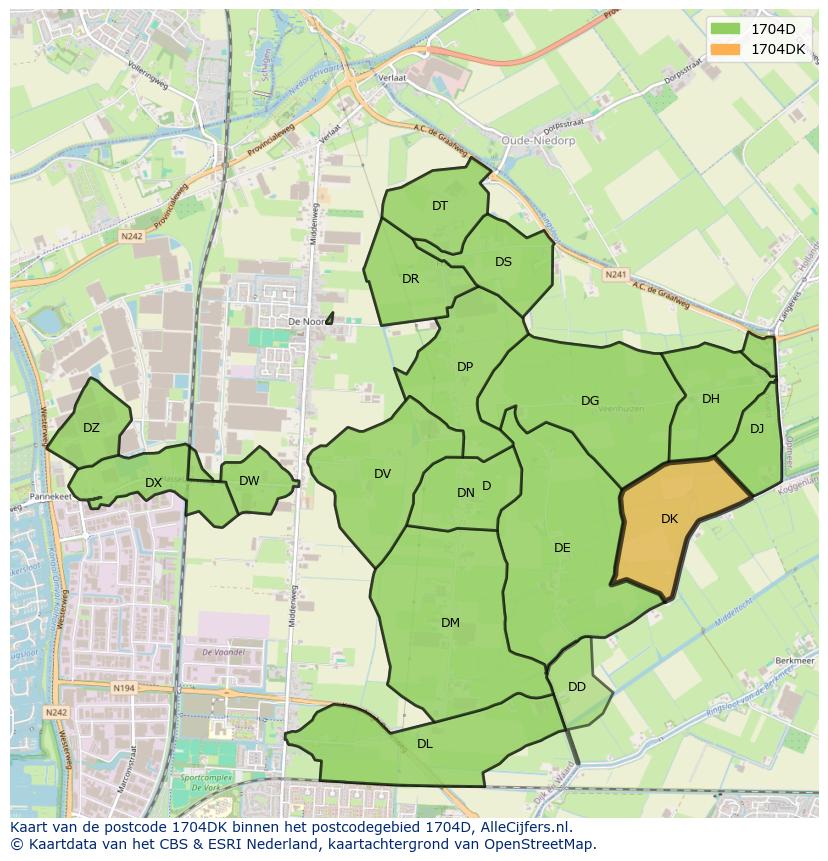 Afbeelding van het postcodegebied 1704 DK op de kaart.