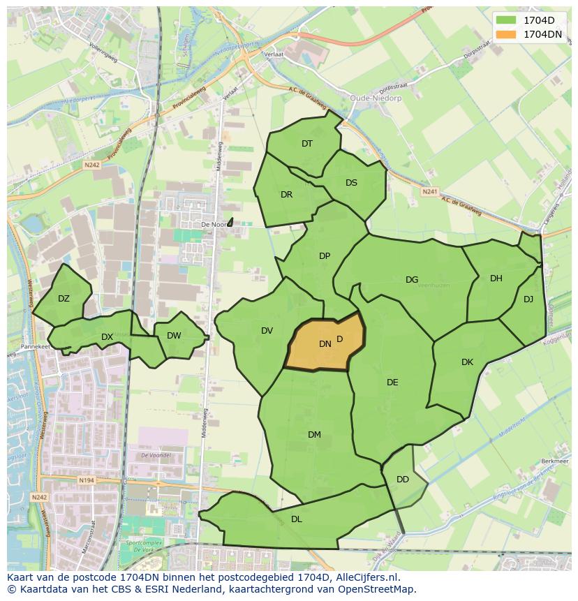 Afbeelding van het postcodegebied 1704 DN op de kaart.