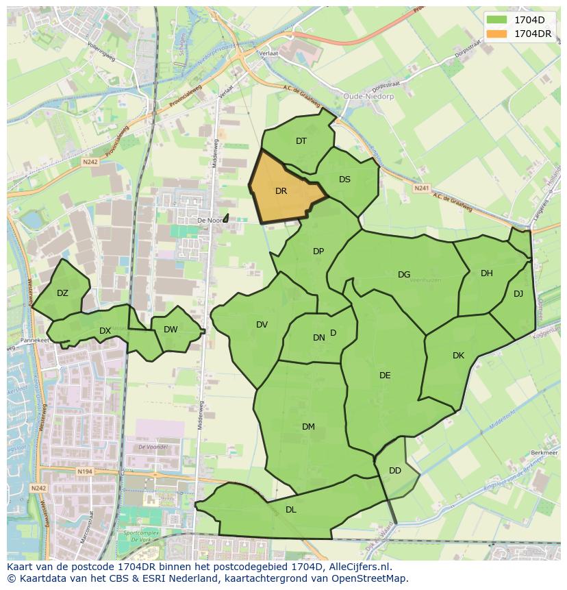 Afbeelding van het postcodegebied 1704 DR op de kaart.