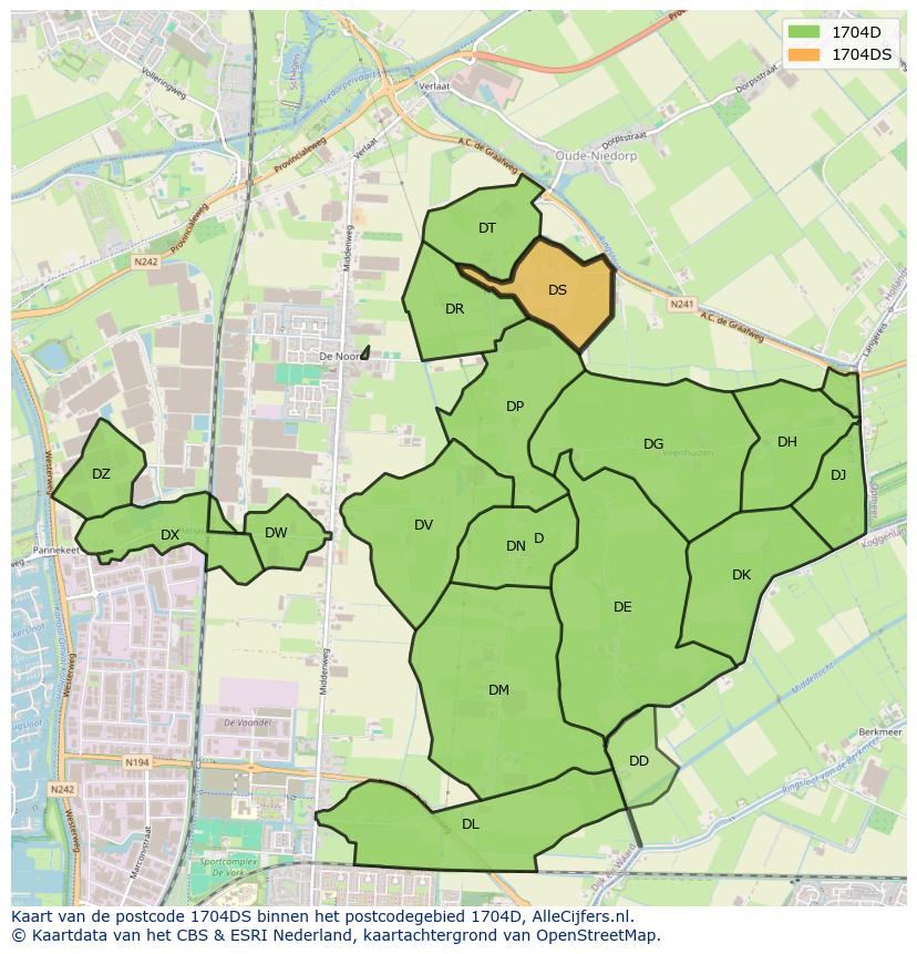 Afbeelding van het postcodegebied 1704 DS op de kaart.