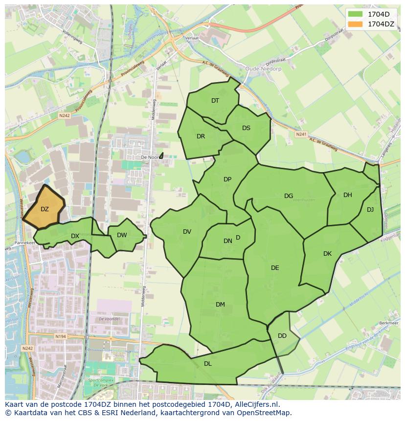 Afbeelding van het postcodegebied 1704 DZ op de kaart.