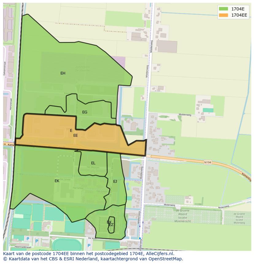 Afbeelding van het postcodegebied 1704 EE op de kaart.