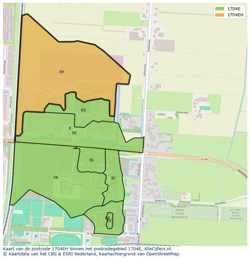 Afbeelding van het postcodegebied 1704 EH op de kaart.