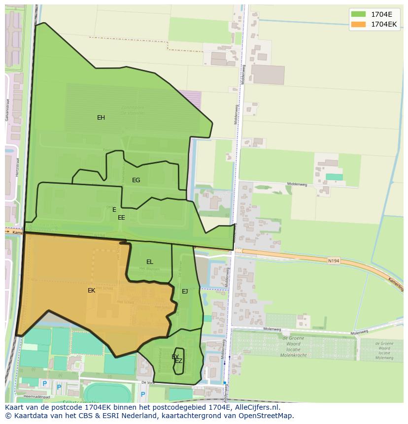 Afbeelding van het postcodegebied 1704 EK op de kaart.