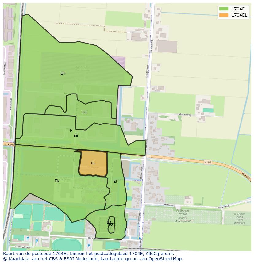 Afbeelding van het postcodegebied 1704 EL op de kaart.