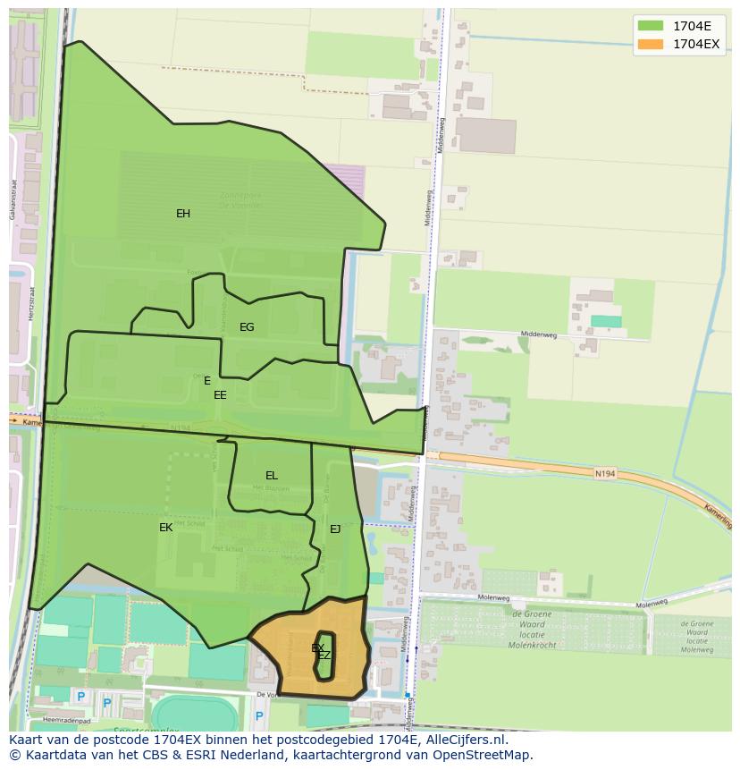 Afbeelding van het postcodegebied 1704 EX op de kaart.