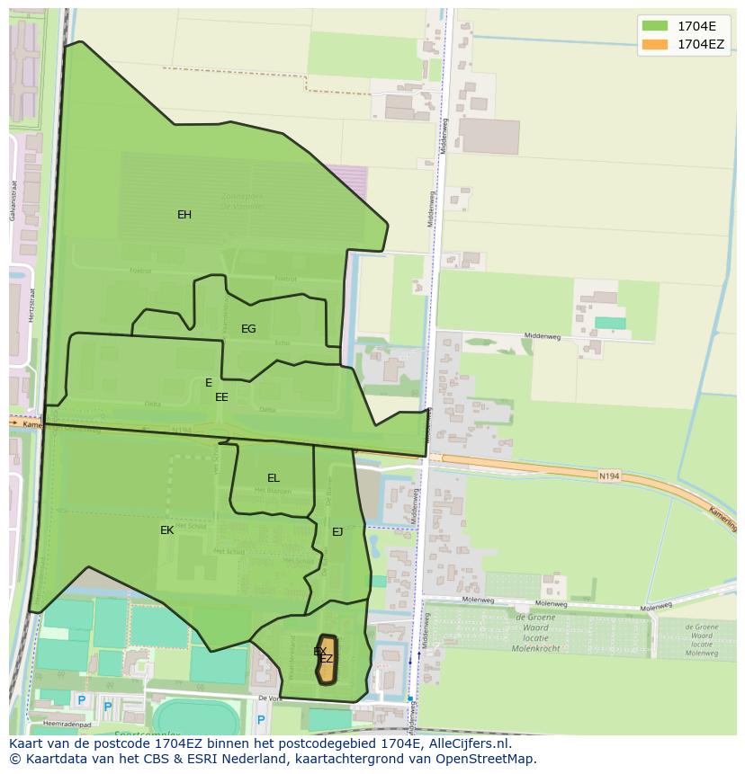 Afbeelding van het postcodegebied 1704 EZ op de kaart.