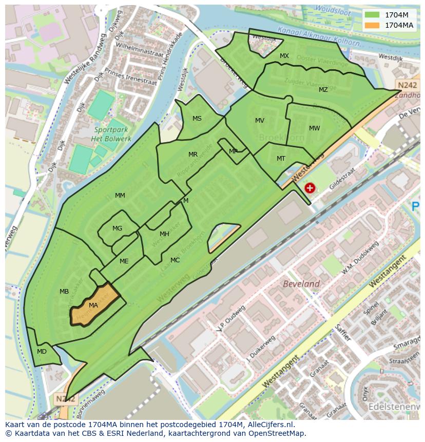 Afbeelding van het postcodegebied 1704 MA op de kaart.
