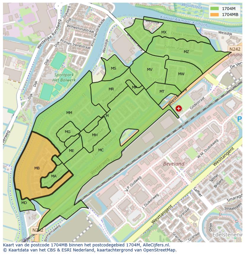 Afbeelding van het postcodegebied 1704 MB op de kaart.