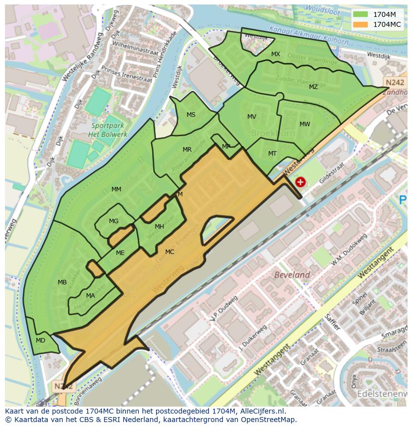 Afbeelding van het postcodegebied 1704 MC op de kaart.