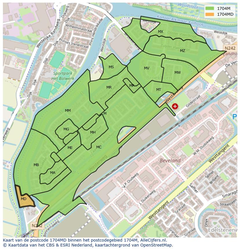 Afbeelding van het postcodegebied 1704 MD op de kaart.