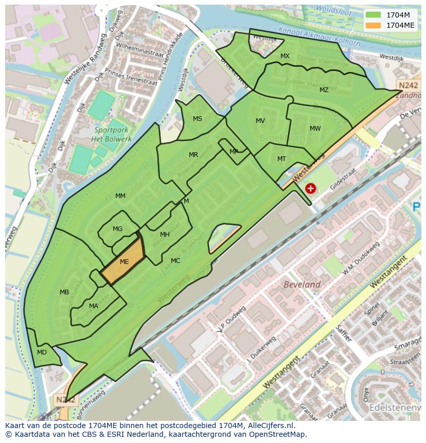 Afbeelding van het postcodegebied 1704 ME op de kaart.