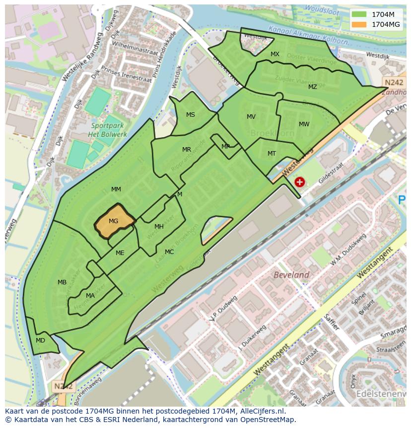 Afbeelding van het postcodegebied 1704 MG op de kaart.