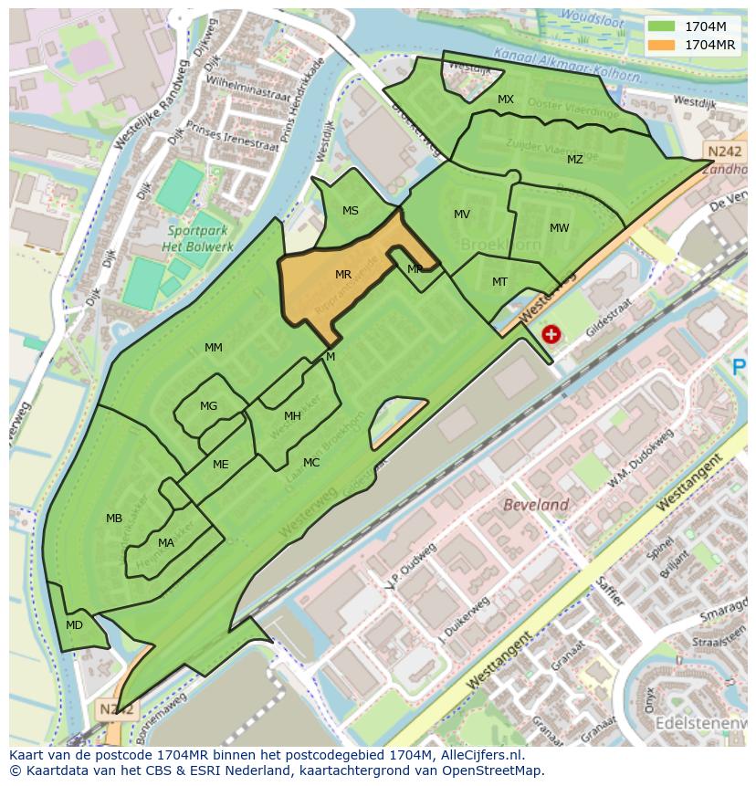 Afbeelding van het postcodegebied 1704 MR op de kaart.