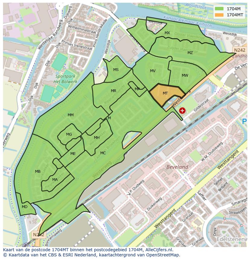 Afbeelding van het postcodegebied 1704 MT op de kaart.