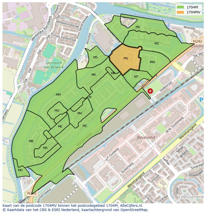 Afbeelding van het postcodegebied 1704 MV op de kaart.
