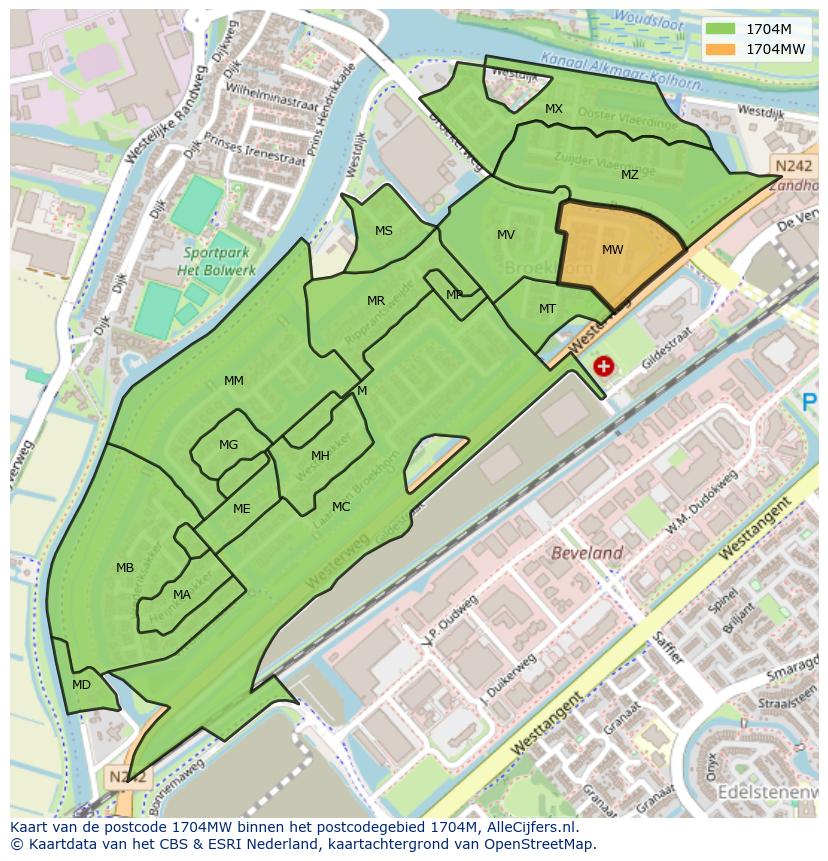 Afbeelding van het postcodegebied 1704 MW op de kaart.