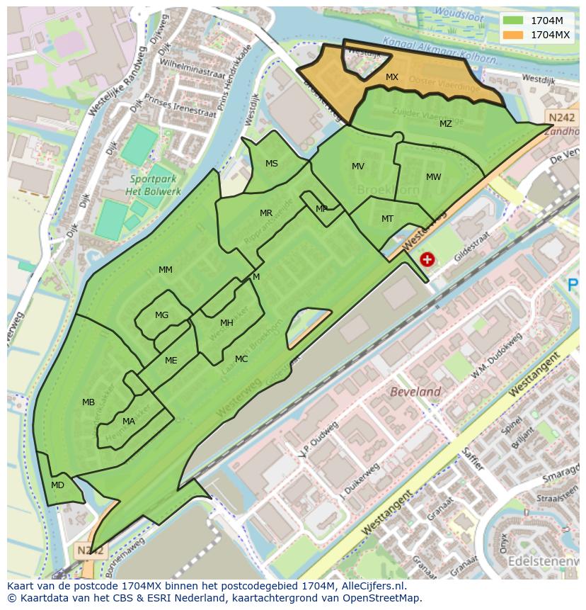 Afbeelding van het postcodegebied 1704 MX op de kaart.
