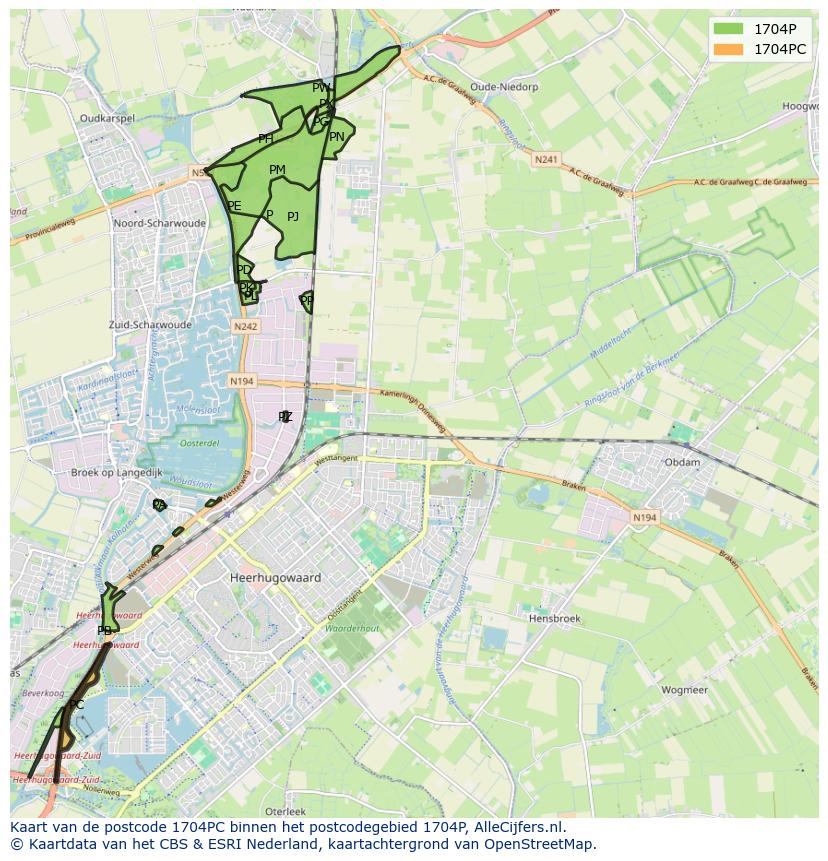 Afbeelding van het postcodegebied 1704 PC op de kaart.