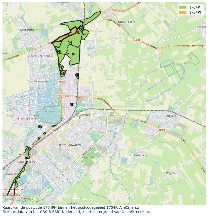 Afbeelding van het postcodegebied 1704 PH op de kaart.