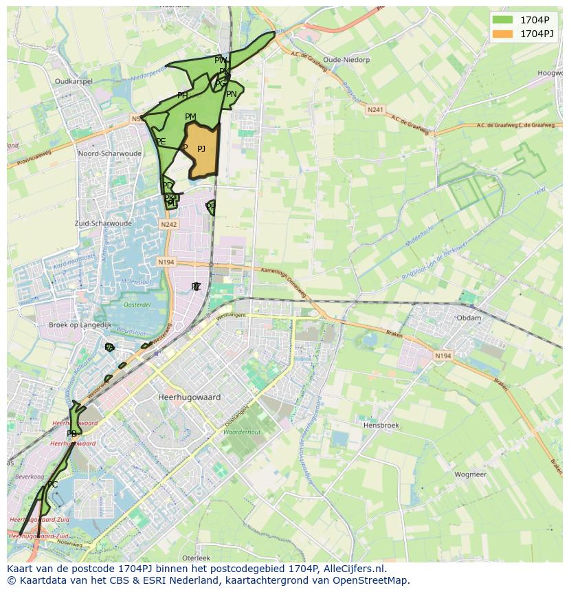Afbeelding van het postcodegebied 1704 PJ op de kaart.
