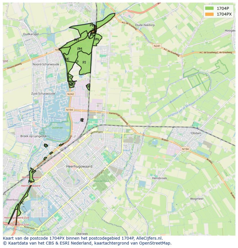 Afbeelding van het postcodegebied 1704 PX op de kaart.