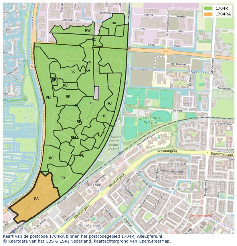 Afbeelding van het postcodegebied 1704 RA op de kaart.