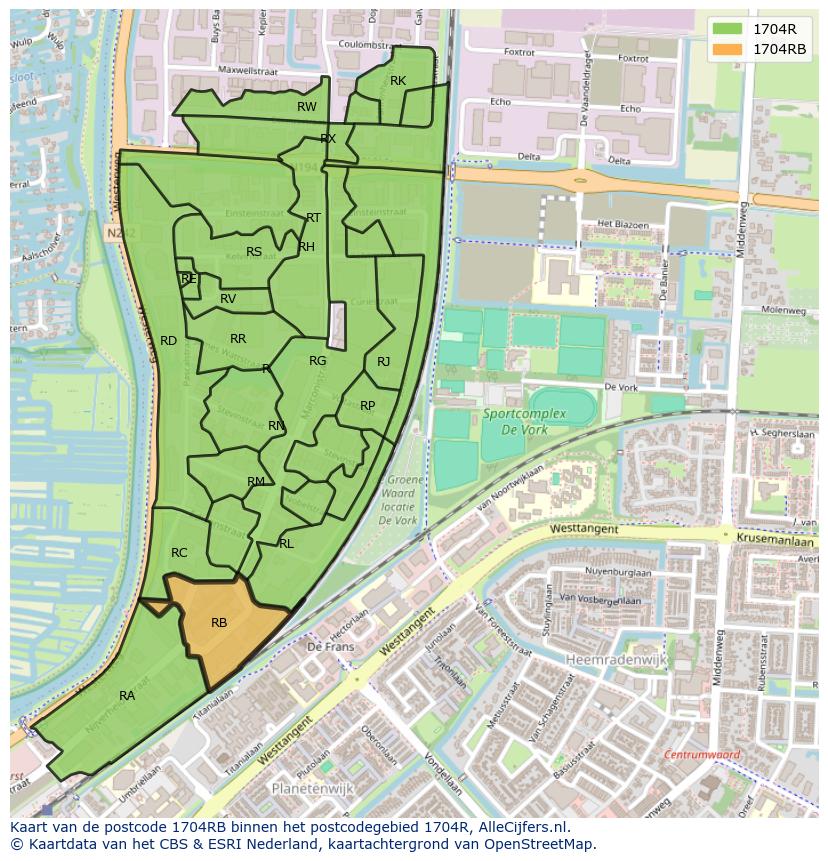 Afbeelding van het postcodegebied 1704 RB op de kaart.