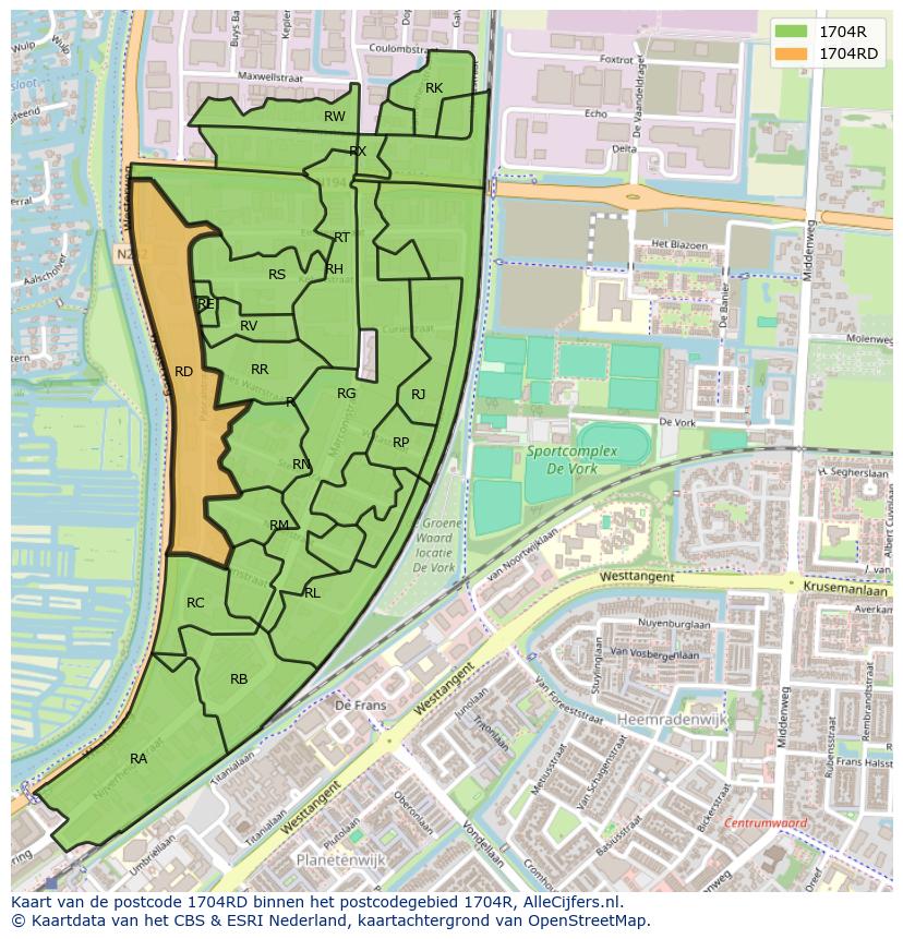 Afbeelding van het postcodegebied 1704 RD op de kaart.