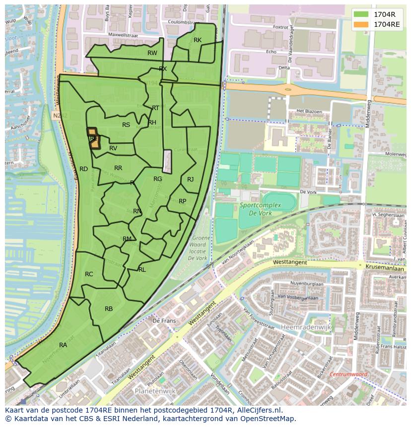 Afbeelding van het postcodegebied 1704 RE op de kaart.