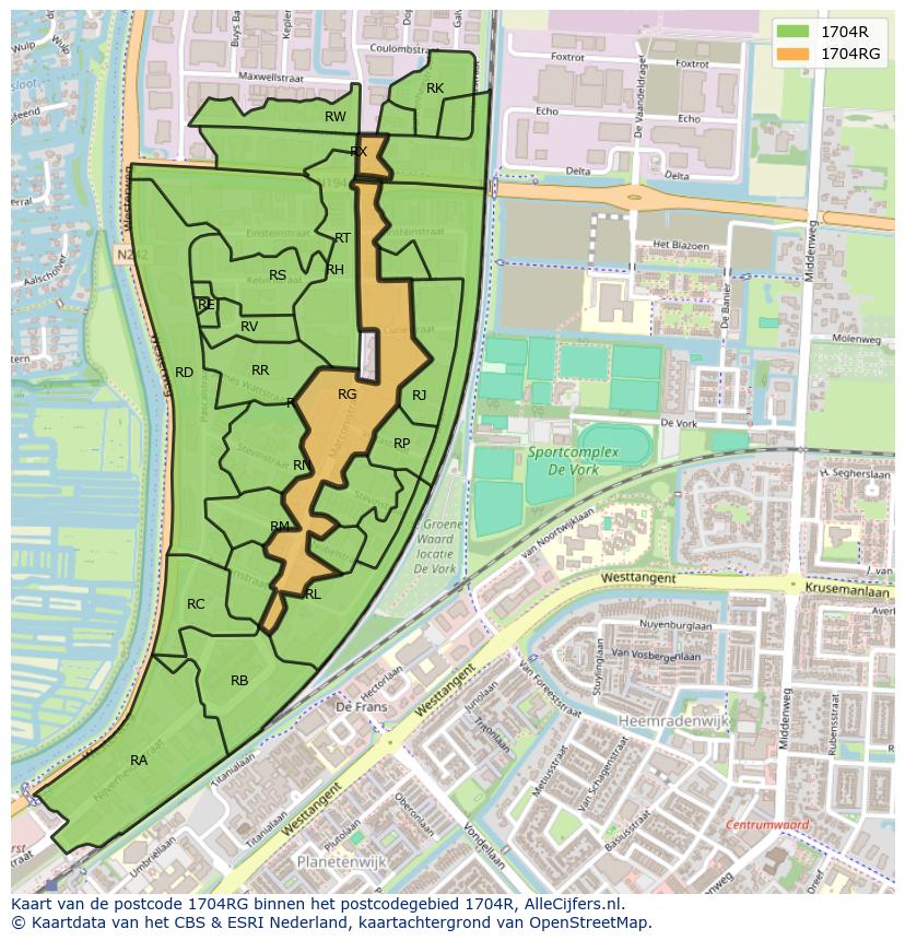 Afbeelding van het postcodegebied 1704 RG op de kaart.