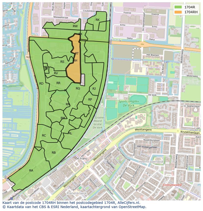 Afbeelding van het postcodegebied 1704 RH op de kaart.
