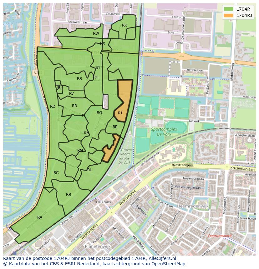 Afbeelding van het postcodegebied 1704 RJ op de kaart.