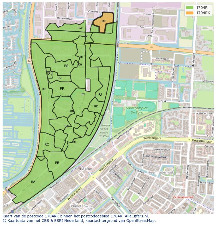 Afbeelding van het postcodegebied 1704 RK op de kaart.