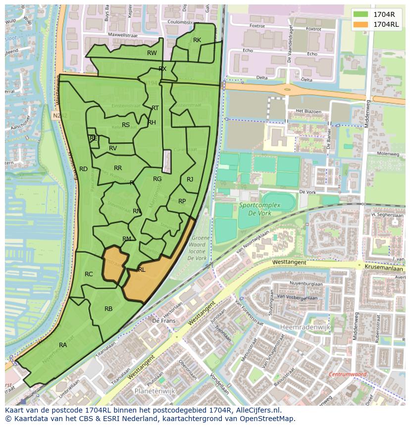 Afbeelding van het postcodegebied 1704 RL op de kaart.