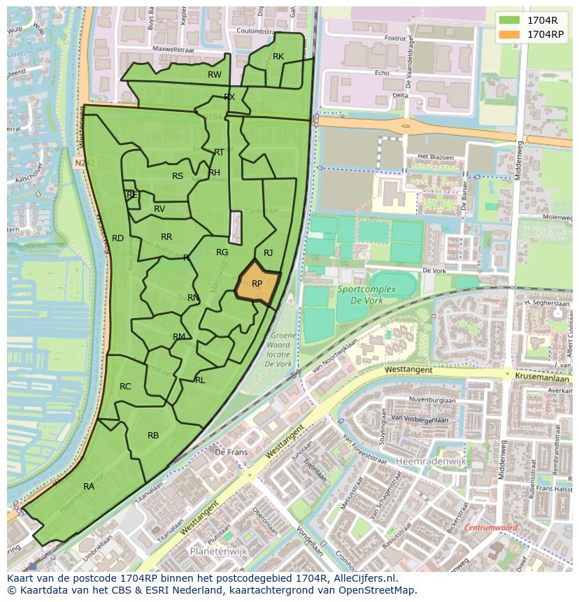 Afbeelding van het postcodegebied 1704 RP op de kaart.