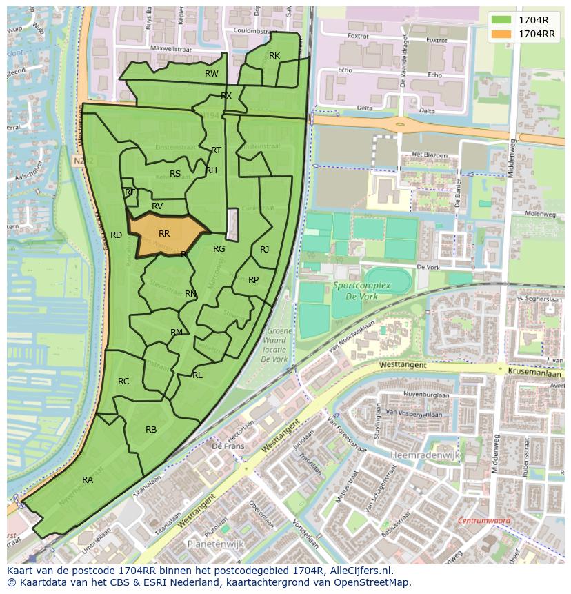 Afbeelding van het postcodegebied 1704 RR op de kaart.