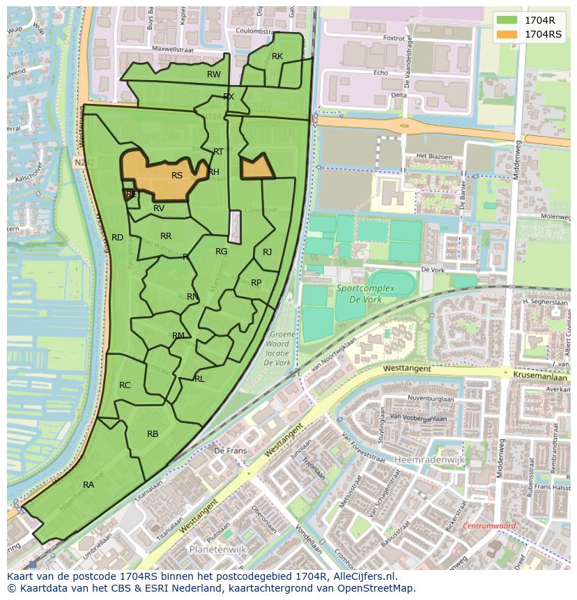 Afbeelding van het postcodegebied 1704 RS op de kaart.