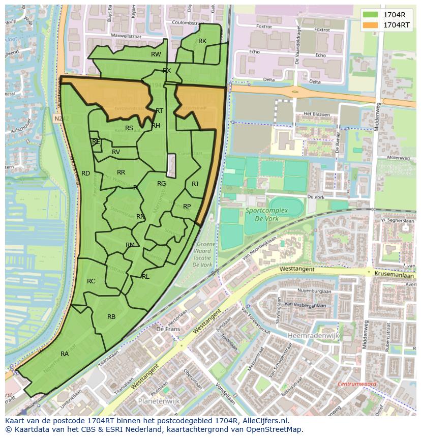 Afbeelding van het postcodegebied 1704 RT op de kaart.