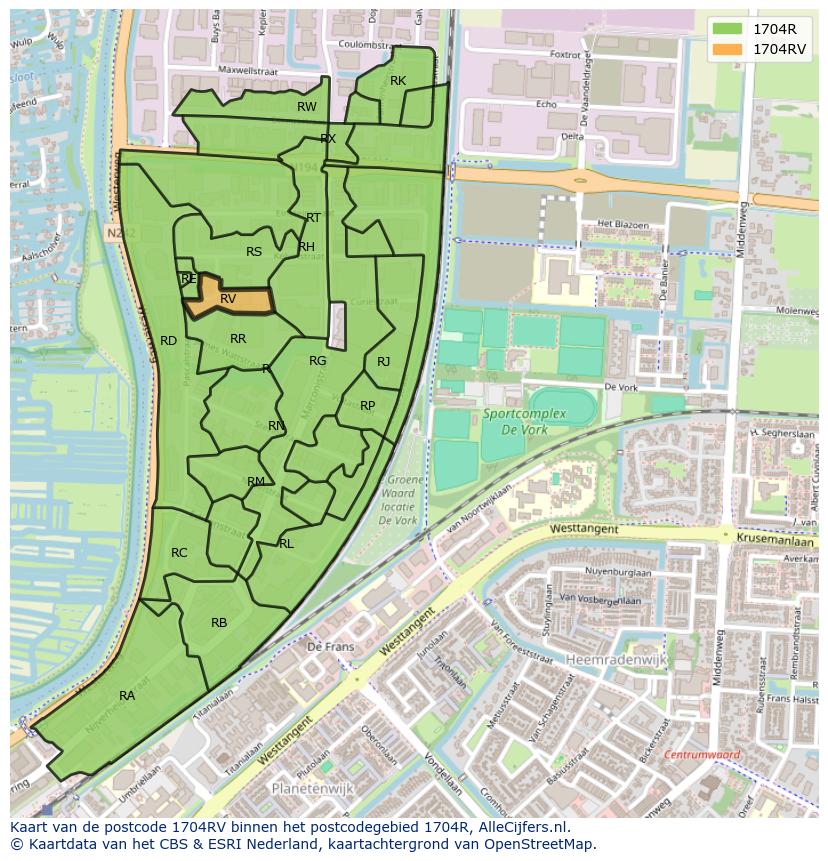 Afbeelding van het postcodegebied 1704 RV op de kaart.