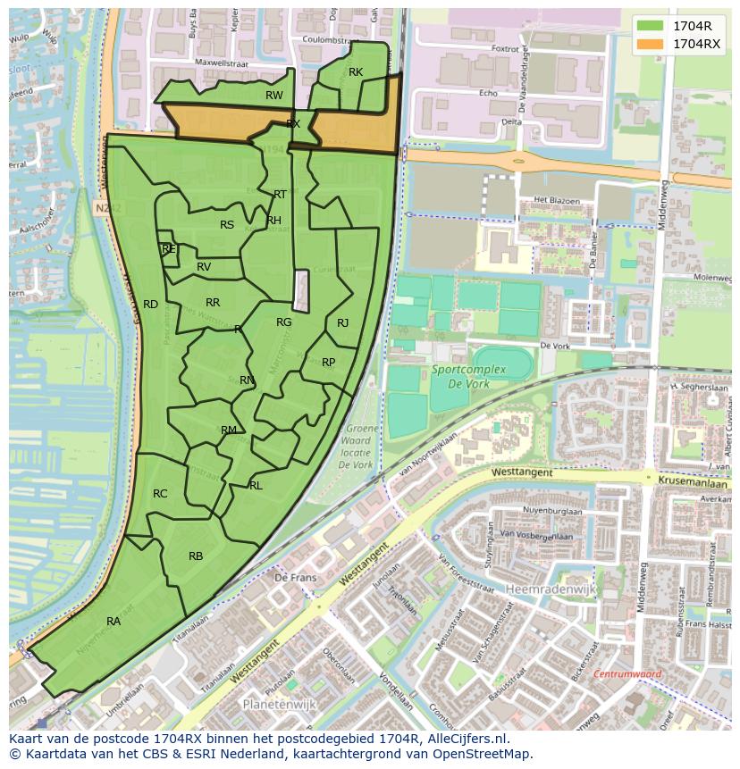 Afbeelding van het postcodegebied 1704 RX op de kaart.