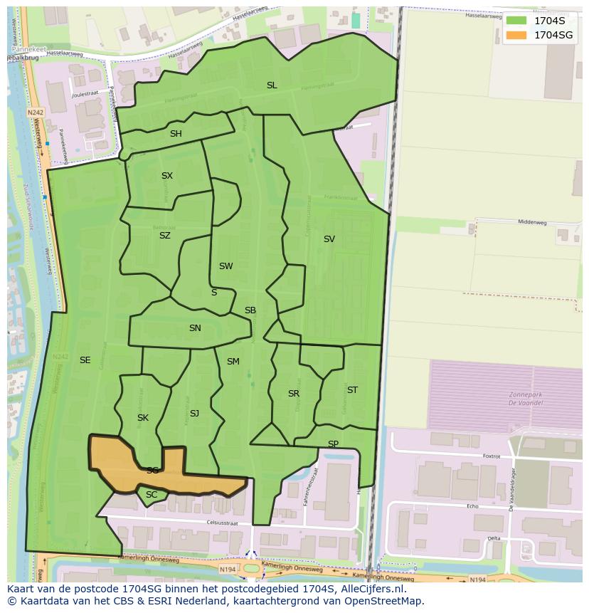 Afbeelding van het postcodegebied 1704 SG op de kaart.