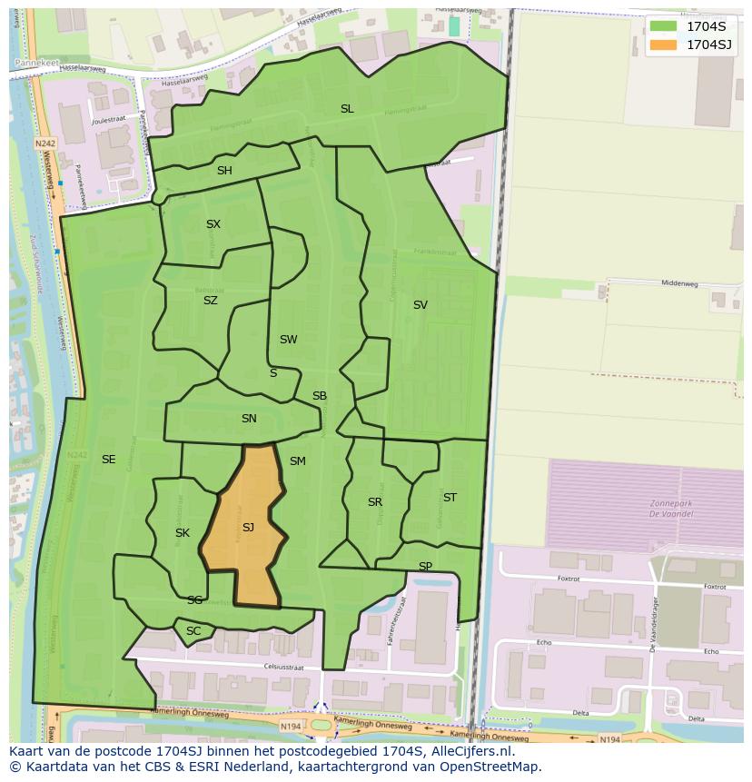 Afbeelding van het postcodegebied 1704 SJ op de kaart.