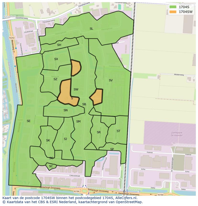 Afbeelding van het postcodegebied 1704 SW op de kaart.