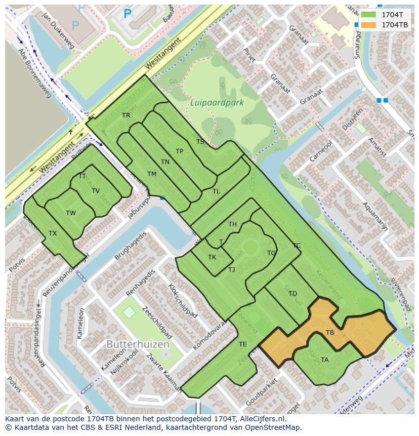 Afbeelding van het postcodegebied 1704 TB op de kaart.
