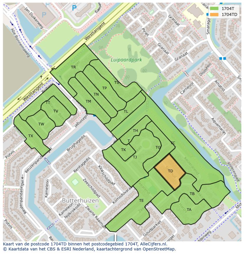 Afbeelding van het postcodegebied 1704 TD op de kaart.