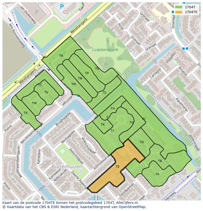 Afbeelding van het postcodegebied 1704 TE op de kaart.