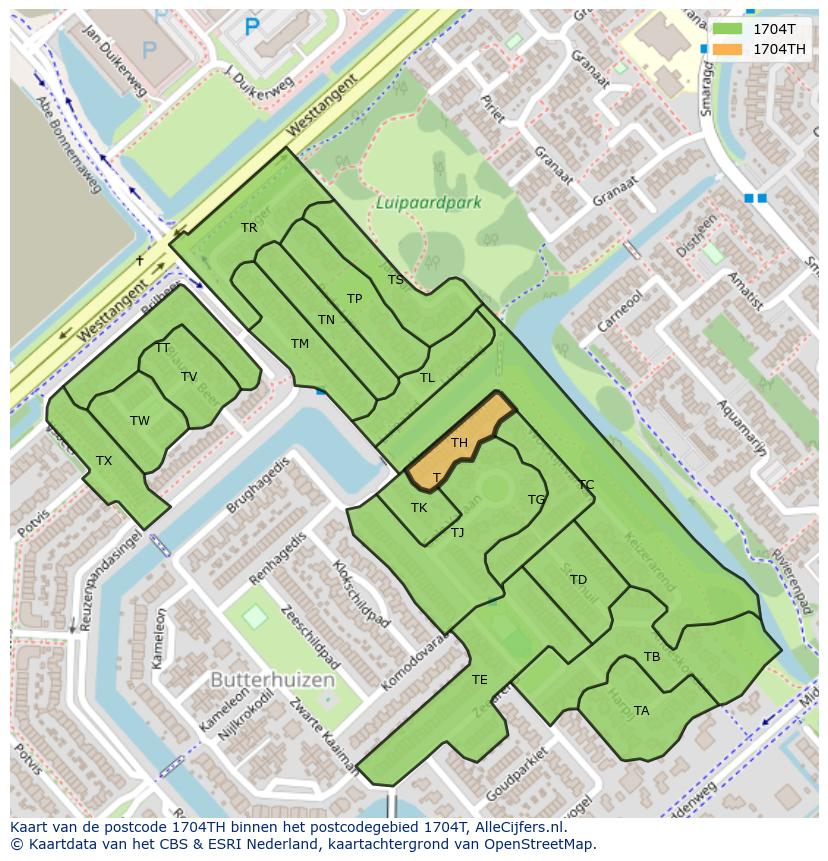 Afbeelding van het postcodegebied 1704 TH op de kaart.