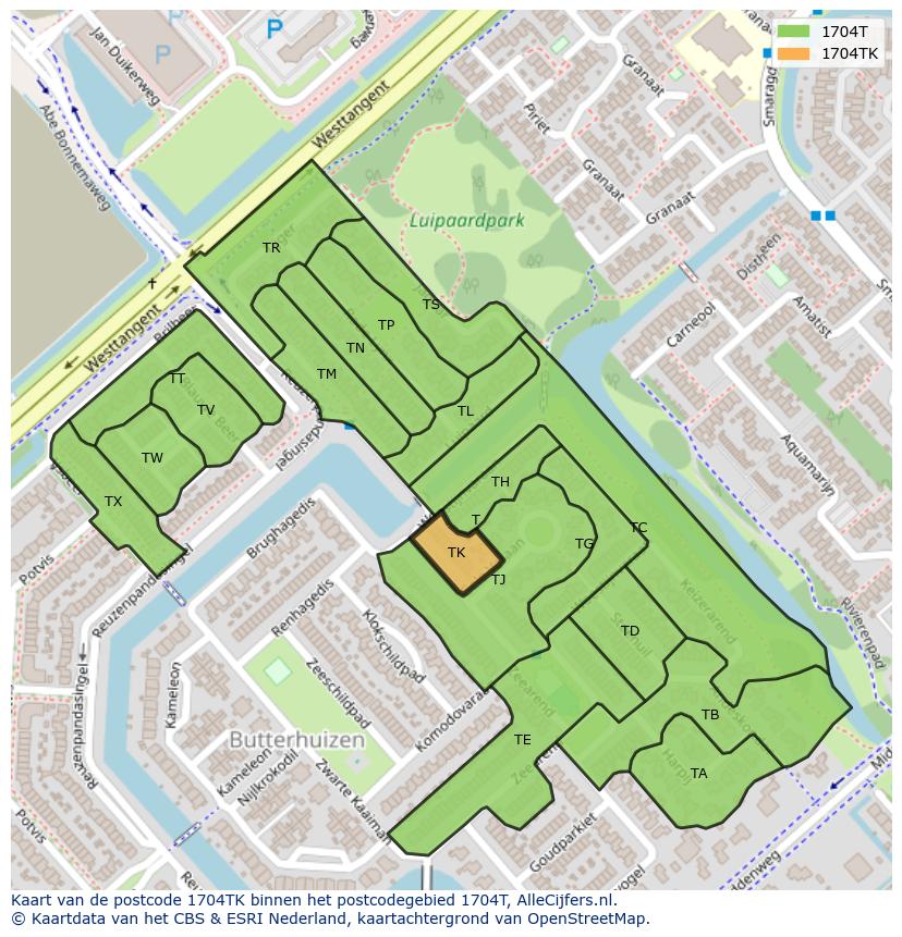 Afbeelding van het postcodegebied 1704 TK op de kaart.
